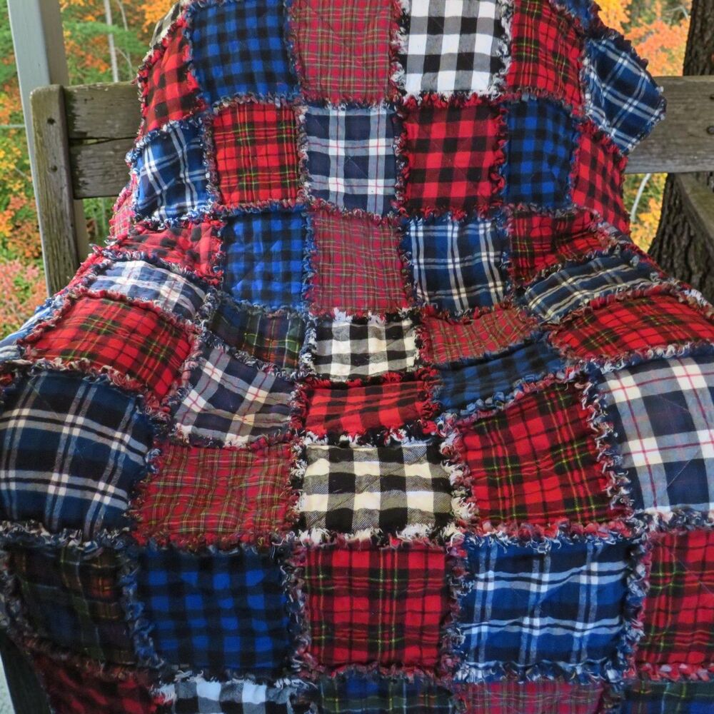 Flannel Rag Quilt With Batting, 50x64,Red, Blue, Black Plaid